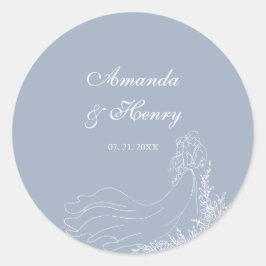 Hand Drawn Couple Dusty Blue Wedding Runder Aufkleber