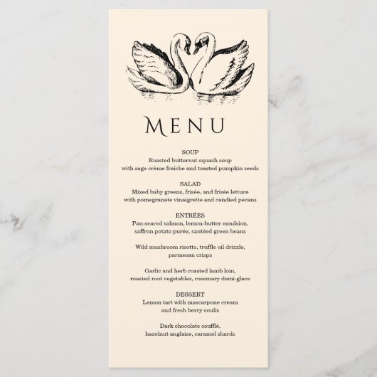 hand drawn Couple Swan Whimsical Wedding Menükarte (Vorderseite)