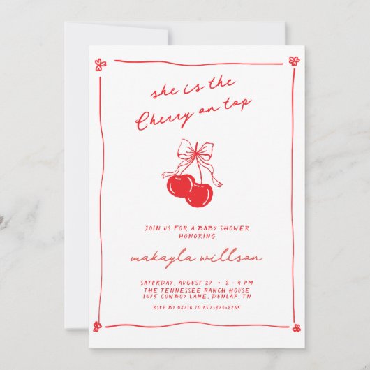 Hand Drawn Cute Cherry On Top Red Baby Shower  Einladung (Vorderseite)
