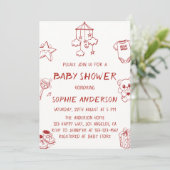 Hand Drawn Cute Red Doodle Baby Shower Einladung (Stehend Vorderseite)