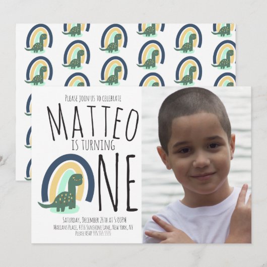 Hand Drawn Dinosaur Rainbow Birthday Party Foto Einladung (Vorne/Hinten)