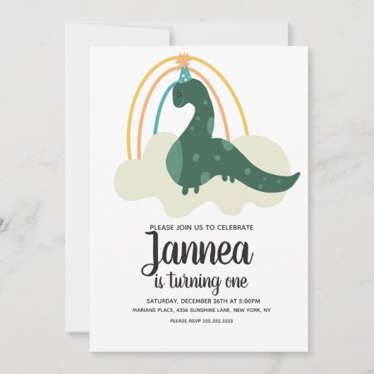 Hand Drawn Dinosaur Rainbow Birthday Party Green Einladung (Vorderseite)