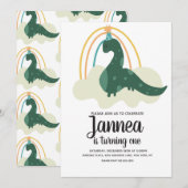 Hand Drawn Dinosaur Rainbow Birthday Party Green Einladung (Vorne/Hinten)
