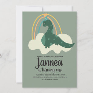 Hand Drawn Dinosaur Rainbow Birthday Party Green I Einladung