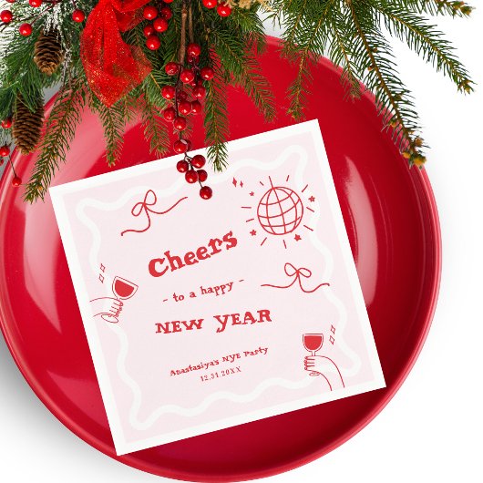 Hand Drawn Disco Pink and Red New Year's Eve Party Serviette