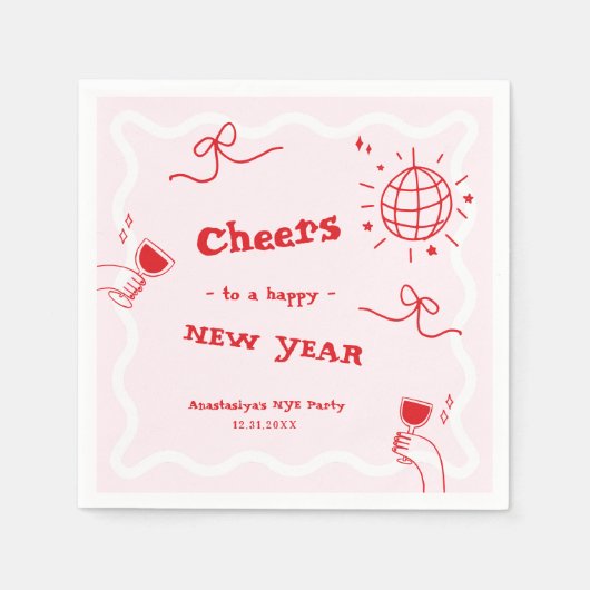 Hand Drawn Disco Pink and Red New Year's Eve Party Serviette (Vorderseite)