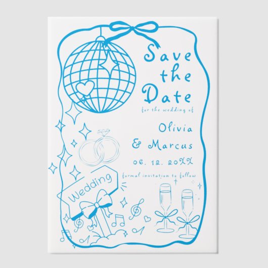 Hand Drawn Doodle Blue Wedding speichern das Datum Pergament Einladungen (Vorderseite)