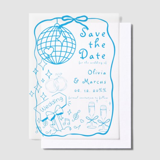Hand Drawn Doodle Blue Wedding speichern das Datum Pergament Einladungen (Versetzt)