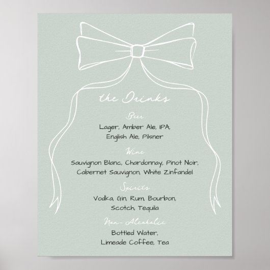 Hand Drawn Doodle Bow Sage Green Wedding Bar Poster (Vorne)