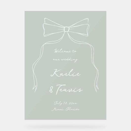 Hand Drawn Doodle Bow Sage Green Wedding Willkomme Acrylschild (Vorderseite)