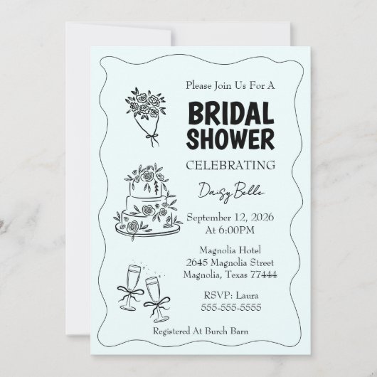 Hand Drawn Doodle Bridal Shower Green Einladung (Vorderseite)