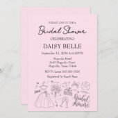 Hand Drawn Doodle Bridal Shower Pink Einladung (Vorne/Hinten)