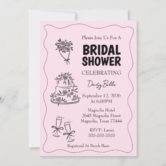 Hand Drawn Doodle Bridal Shower Pink Einladung (Vorderseite)