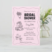 Hand Drawn Doodle Bridal Shower Pink Einladung (Stehend Vorderseite)