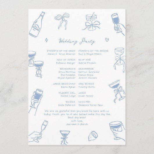 Hand Drawn Doodle Dusty Blue Wedding Program Programm (Rückseite)