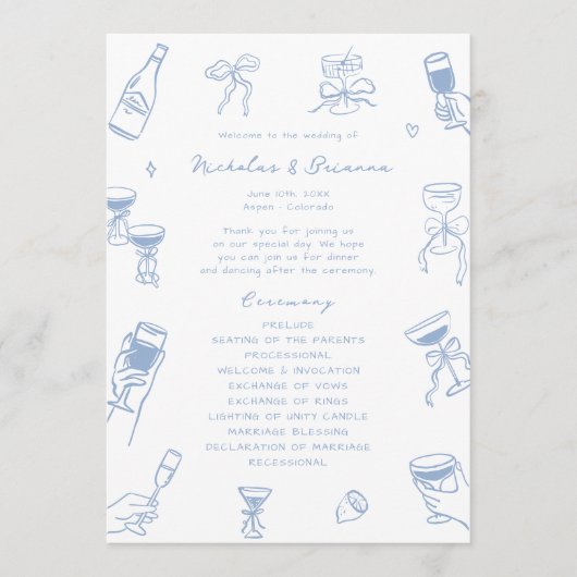 Hand Drawn Doodle Dusty Blue Wedding Program Programm (Vorderseite)