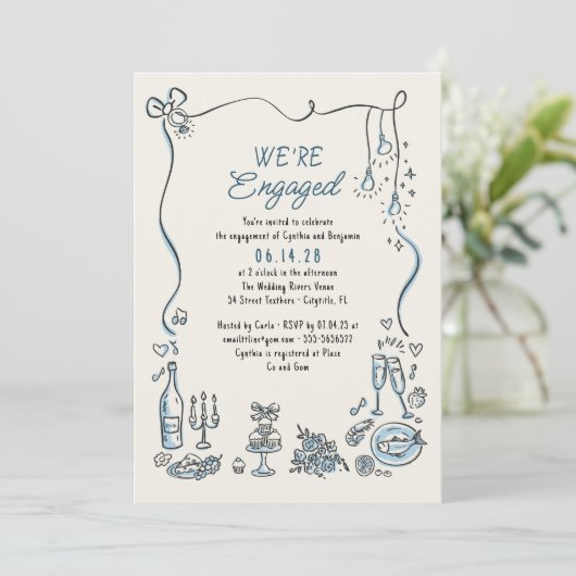 Hand Drawn Doodle Funky Whimsical Engagement Party Einladung (Stehend Vorderseite)