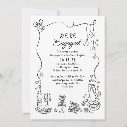 Hand Drawn Doodle Funky Whimsical Engagement Party Einladung (Vorderseite)