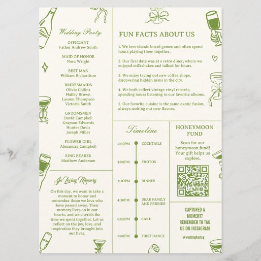 Hand Drawn Doodle Green Wedding  Program Programm (Rückseite)