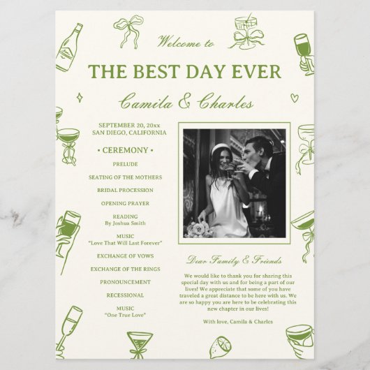 Hand Drawn Doodle Green Wedding  Program Programm (Vorderseite)