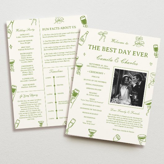 Hand Drawn Doodle Green Wedding Program Programm
