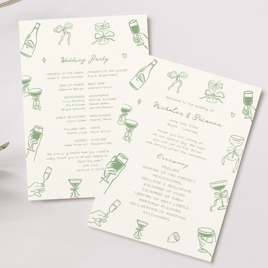 Hand Drawn Doodle Green Wedding Programm
