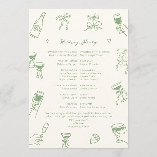 Hand Drawn Doodle Green Wedding Programm (Rückseite)