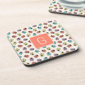 Hand Drawn Doodle Ladybugs Monogram Coaster Getränkeuntersetzer (Linke Seite)