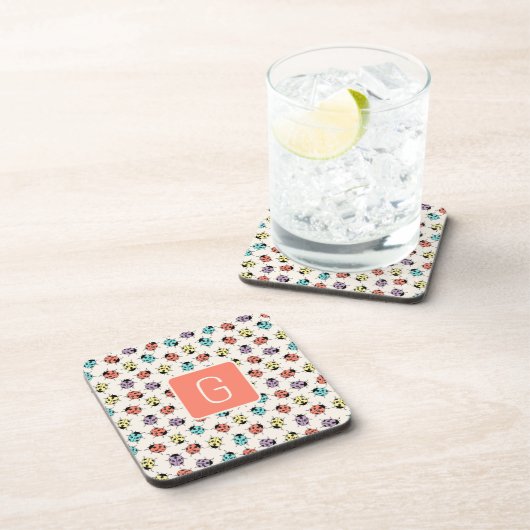 Hand Drawn Doodle Ladybugs Monogram Coaster Getränkeuntersetzer (Rechte Seite)