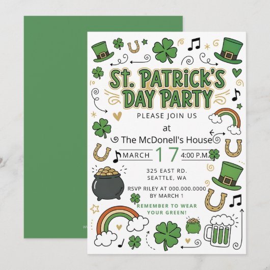 Hand Drawn Doodle Whimsical St Patricks Day Einladung (Vorne/Hinten)