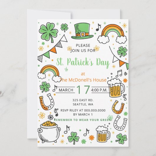 Hand Drawn Doodle Whimsical St Patricks Day  Einladung (Vorderseite)