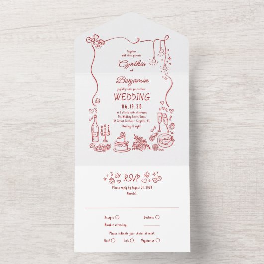 Hand Drawn Doodles Funky Quirky Modern Wedding All In One Einladung (Innen)