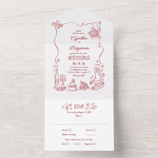 Hand Drawn Doodles Funky Quirky Modern Wedding All In One Einladung (Innen)