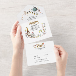 Hand Drawn Doodles Funky Quirky Moderne Hochzeit All In One Einladung