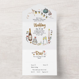 Hand Drawn Doodles Funky Quirky Moderne Hochzeit All In One Einladung