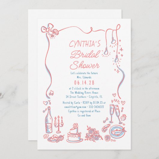 Hand Drawn Doodles Funky Whimsical Bridal Shower Einladung (Vorne/Hinten)