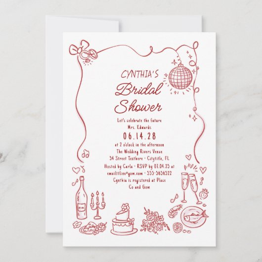 Hand Drawn Doodles Funky Whimsical Bridal Shower Einladung (Vorderseite)