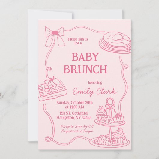 Hand Drawn Doodles Pink Baby Brunch Invitation Einladung (Vorderseite)