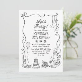 Hand Drawn Doodles Whimsical Quirky Adult Birthday Einladung