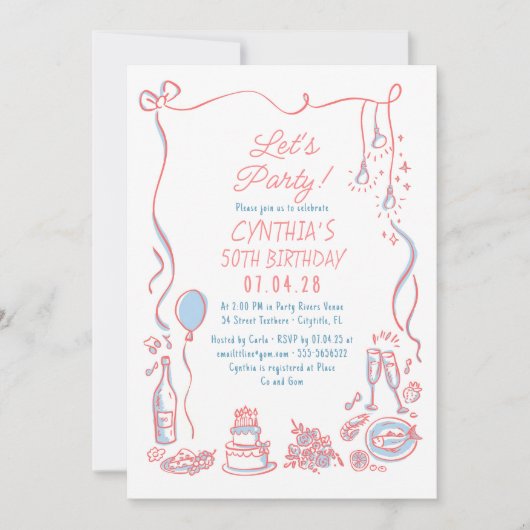 Hand Drawn Doodles Whimsical Quirky Adult Birthday Einladung (Vorderseite)