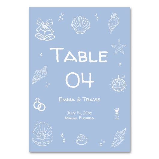 Hand Drawn Dusty Blue Coastal Hochzeit Tischnummer (Vorderseite)