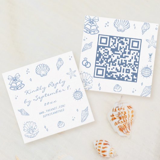 Hand Drawn Dusty Blue Coastal Wedding RSVP QR Code Begleitkarte