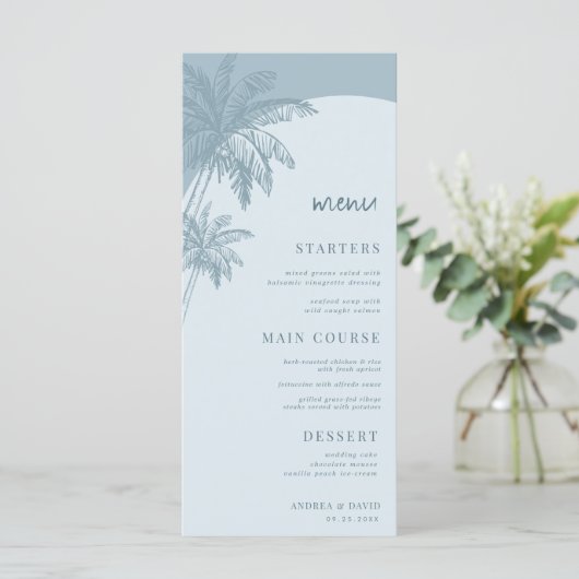 Hand Drawn Dusty Blue Palm Tree Boho Beach Wedding Menükarte (Stehend Vorderseite)