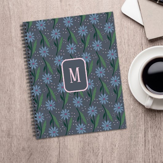 Hand-Drawn Dusty Blue Retro Daisy Monogram Notizblock