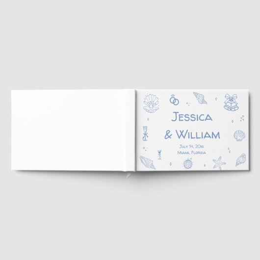 Hand Drawn Dusty Blue Seashells Coastal Wedding Gästebuch (Voll)