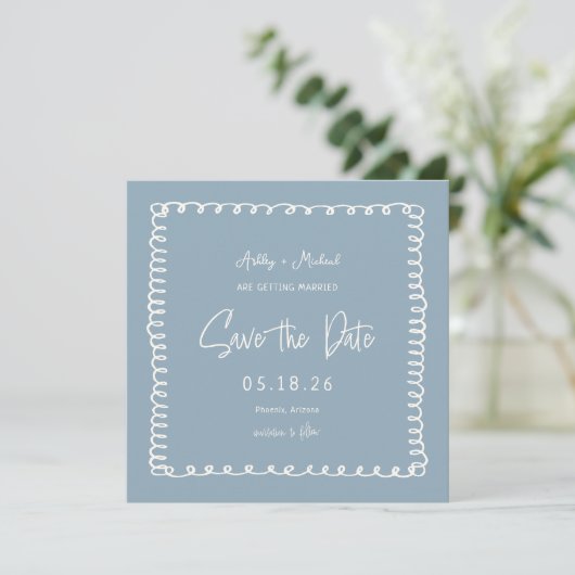 Hand Drawn Dusty Blue Unique Square Hochzeit Save The Date (Stehend Vorderseite)