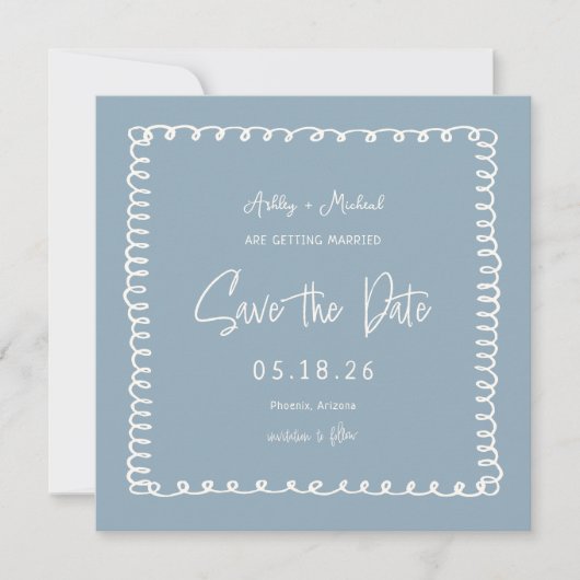 Hand Drawn Dusty Blue Unique Square Hochzeit Save The Date (Vorderseite)