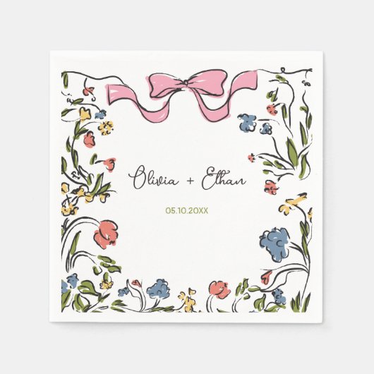 Hand Drawn Floral Bow Wedding Serviette (Vorderseite)