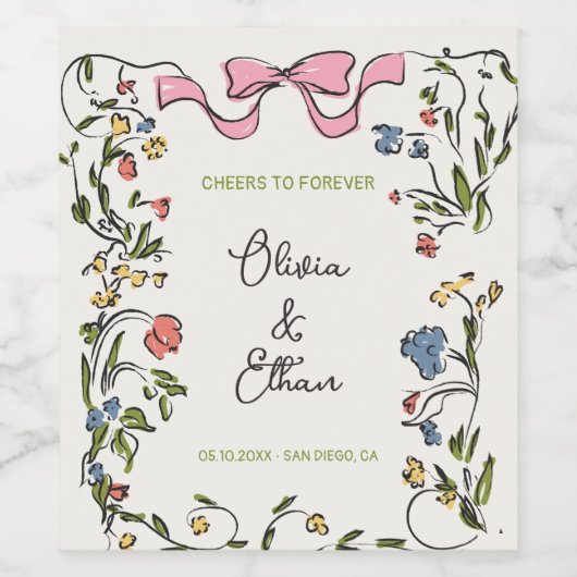 Hand Drawn Floral Bow Wedding Weinetikett (Einzelnes Label)