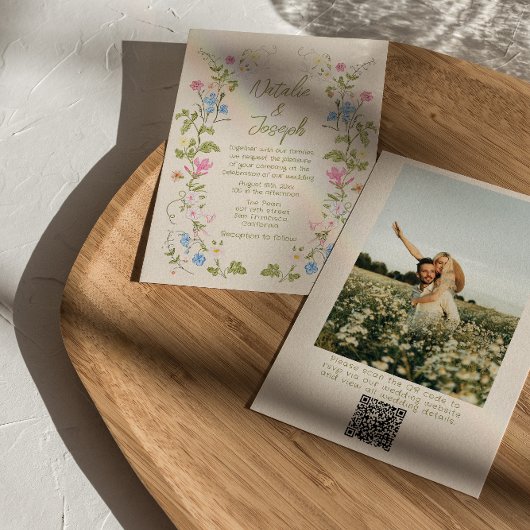 Hand Drawn Floral Summer Photo QR Code Wedding Einladung